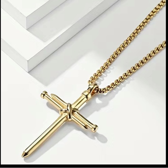 ๐Gold Plated Cross made of Nails Necklace - Picture 3 of 4